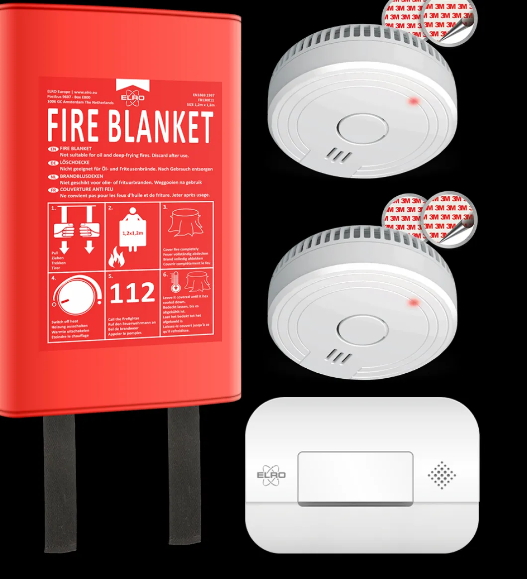ELRO Brandpreventieset - 2X Rookmelder Met 5 Jaar Batterij En Magneetmontage - Co Melder Met 10 Jaar Sensor - Blusdeken Hardcover 1,2M X 1,2M (Ff0404)