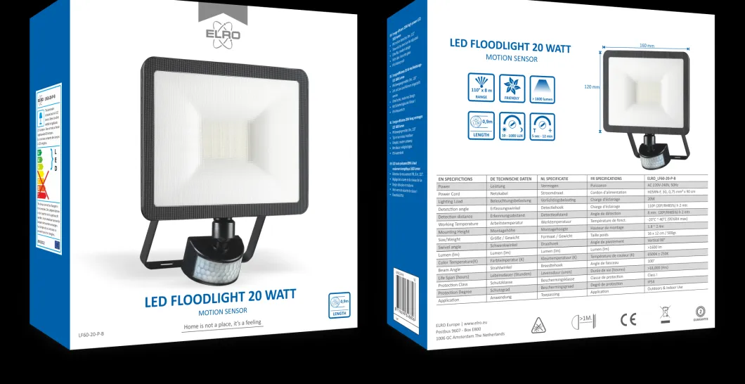 ELRO Design Led Buitenlamp Met Bewegingssensor - 20W – 1600Lm – Ip54 Waterdicht - Zwart (Lf60-20-P-B)