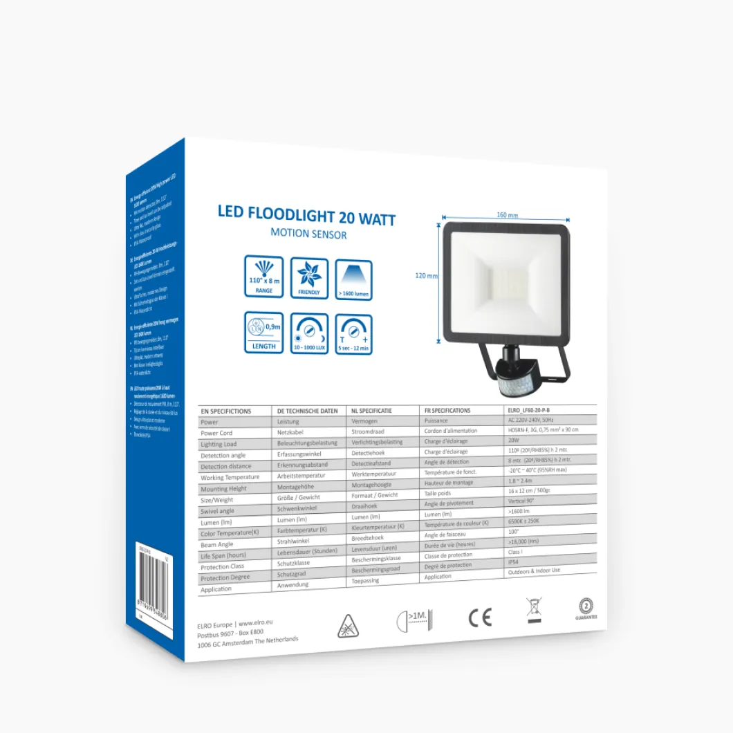 ELRO Design Led Buitenlamp Met Bewegingssensor - 20W – 1600Lm – Ip54 Waterdicht - Zwart (Lf60-20-P-B)