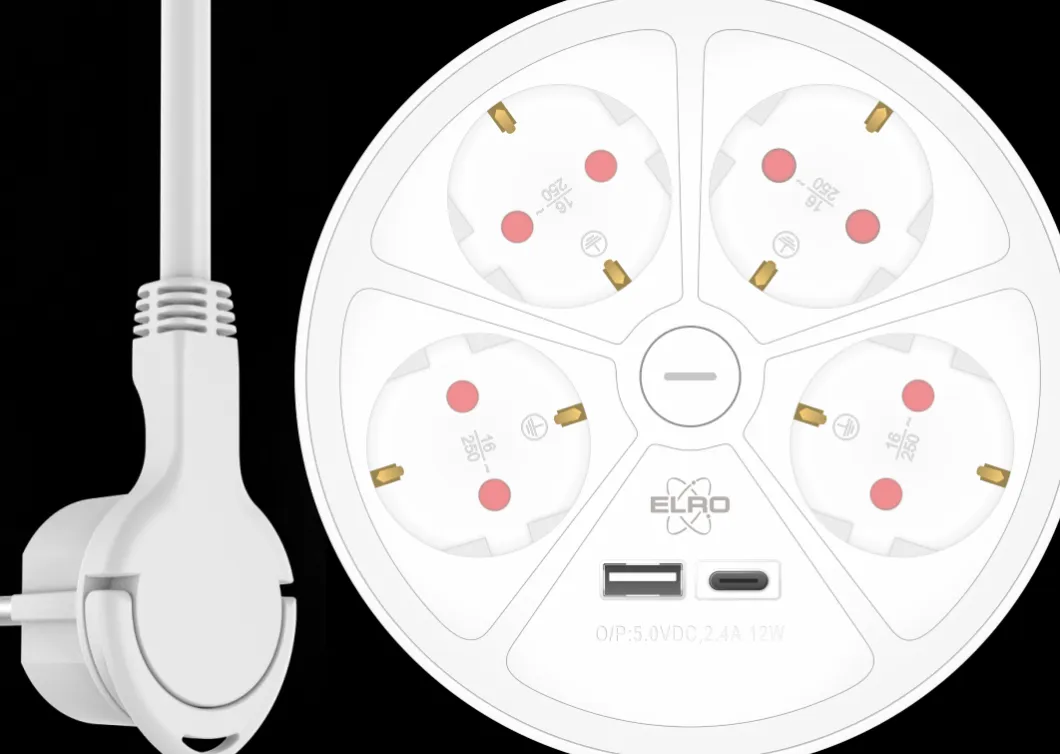 ELRO Design Stekkerdoos 6-Voudig Met 1,5M Snoer En Schakelaar – 4X Stopcontact + Usb + Usb-C – Kinderbeveiliging – Randaarde Stekker – Max. 3680W – Tuv Getest (Es604)