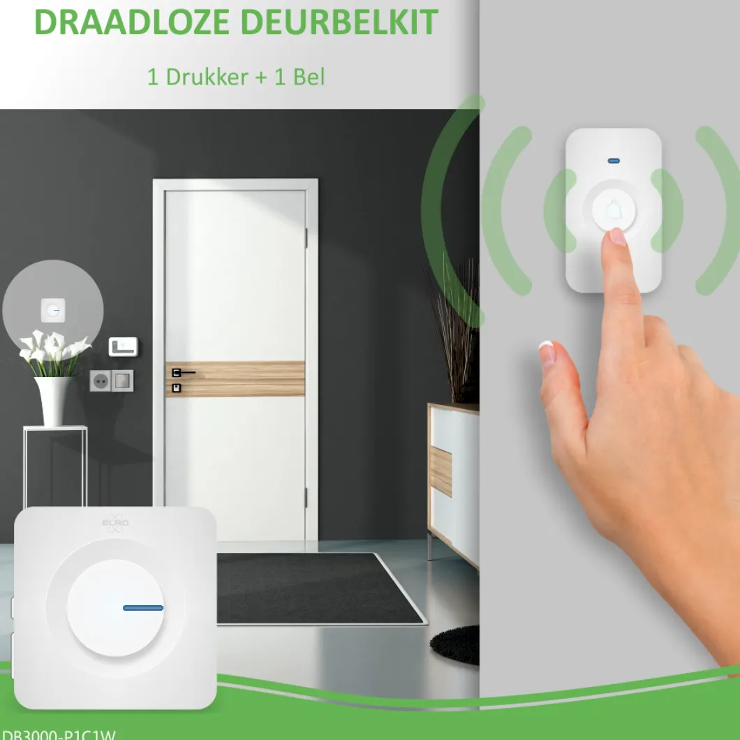 ELRO Draadloze Deurbel Set – Met Ontvanger Op Batterij - Wit (Db3000-P1C1W)