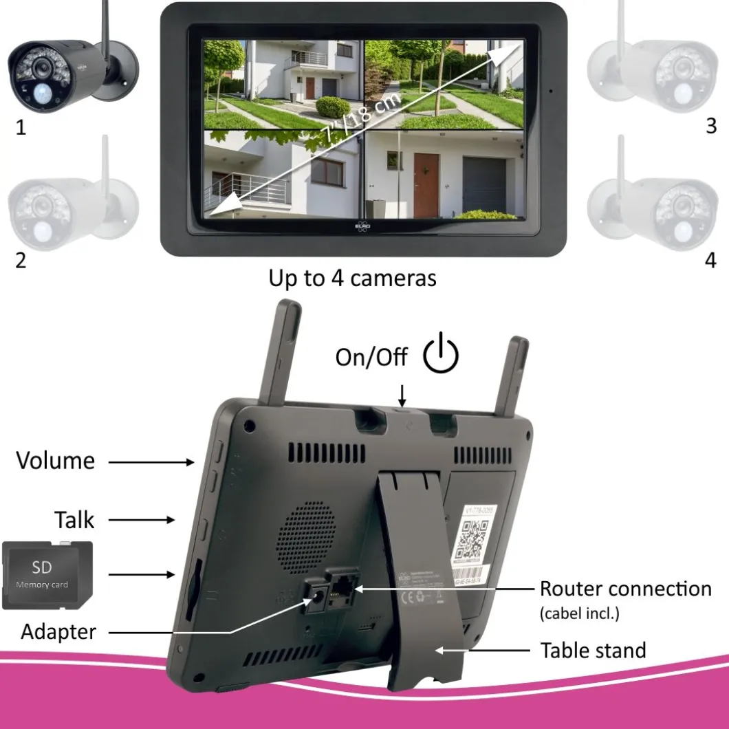 ELRO Draadloze Hd Beveiligingscamera Set Met 7" Scherm En App (Cz30Rips)