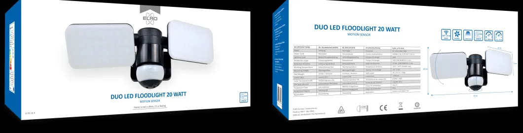 ELRO Duo Led Buitenlamp Met Bewegingssensor – 2X 10W – 1200Lm – Ip54 Waterdicht - Zwart (Lf70-20-P)
